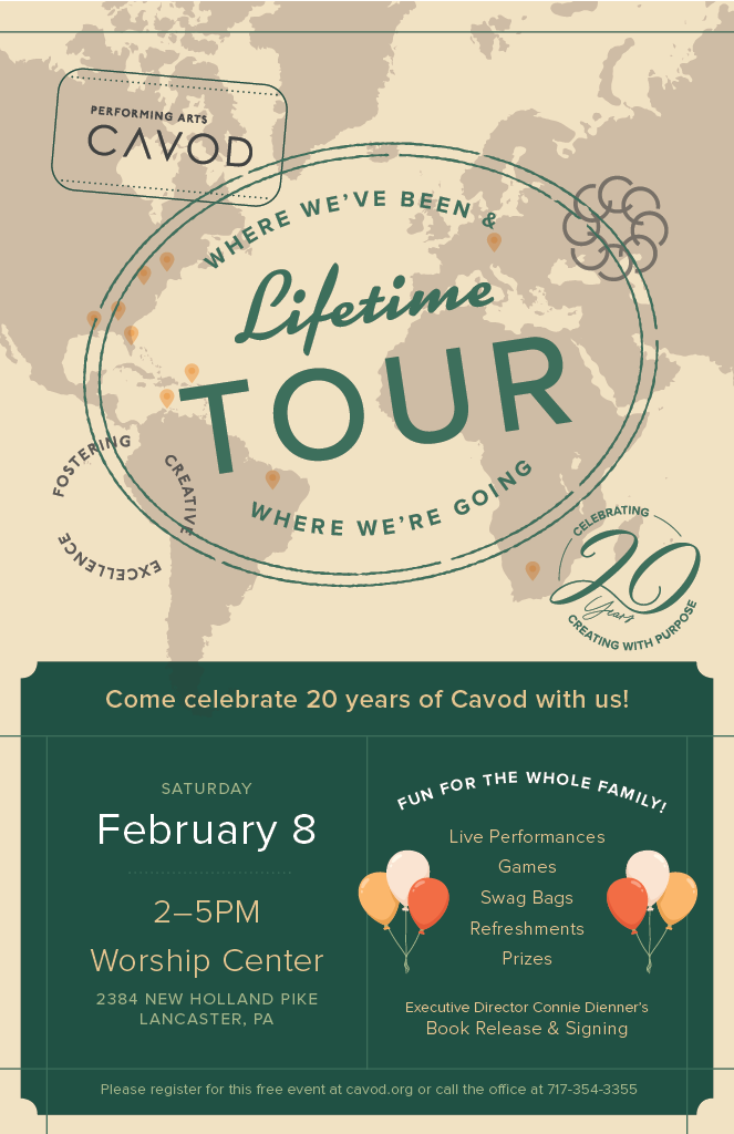 Flyer for Cavod Performing Arts’ 20-Year Celebration, featuring event details, special performances, and activities. 